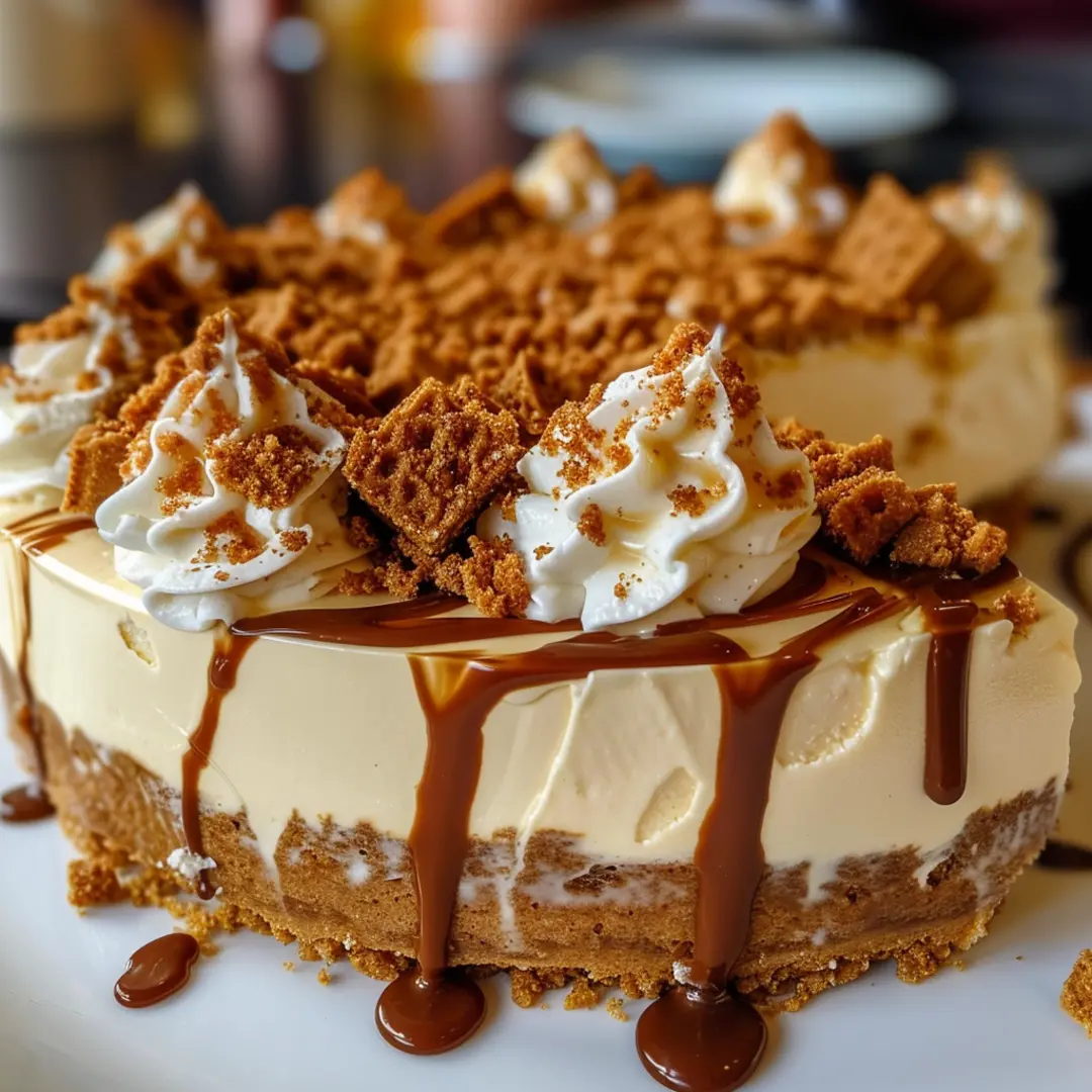 Decadent no-bake Biscoff Cheesecake garnished with whipped cream and crushed Biscoff cookies.