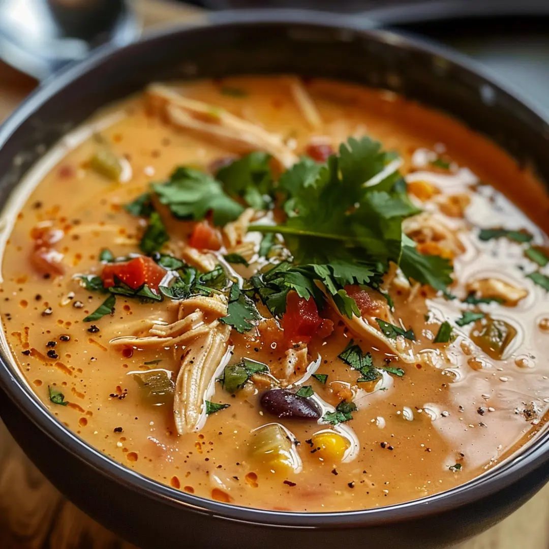 Spicy and rich Chicken Enchilada Soup in a rustic bowl, garnished with jalapeños and sour cream.