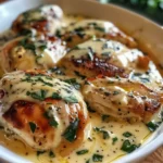 A skillet filled with creamy Chicken Florentine Recipe, featuring golden-brown chicken breasts in a rich Parmesan spinach sauce.