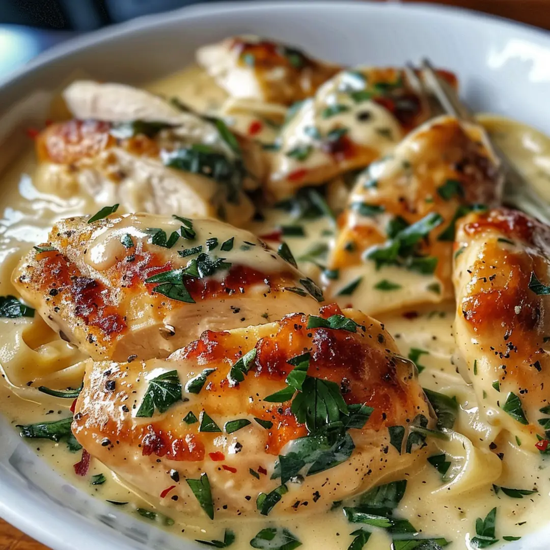 Close-up of a plate with Chicken Florentine Recipe, served with pasta and garnished with fresh herbs.
