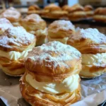 A plate of golden cream puffs with a crispy shell and creamy vanilla filling.