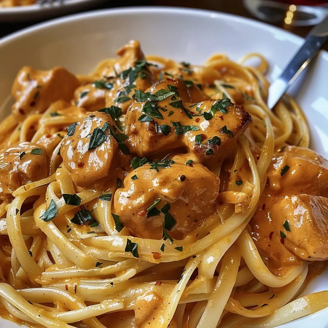 Freshly cooked Chicken Linguine with a creamy garlic parmesan sauce, garnished with parsley.