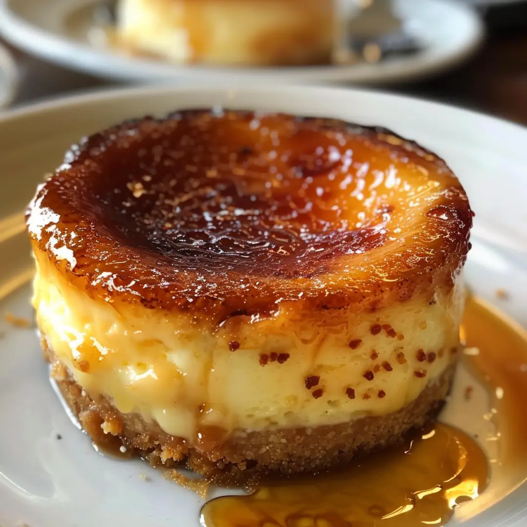A perfectly baked Crème Brûlée Cheesecake, topped with a crisp brȗlée crust and served on a white plate.
