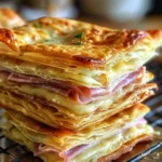 Golden, flaky ham and cheese puff pastry pinwheels fresh out of the oven, perfect for parties or snacks.