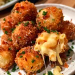 Golden and crispy Macaroni Cheese Balls fresh from the fryer.
