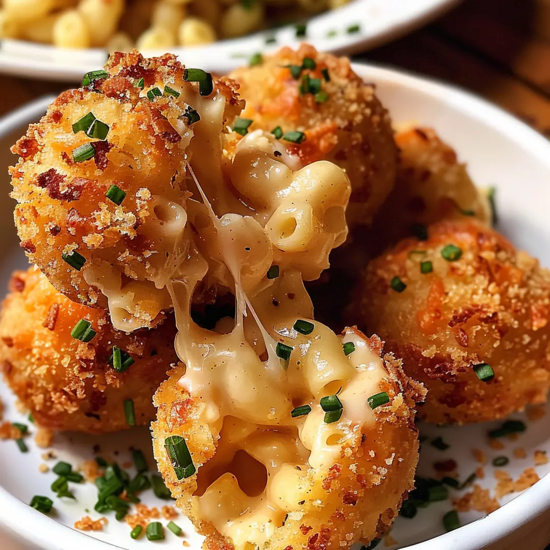 Close-up of delicious Macaroni Cheese Balls with melted cheese inside.