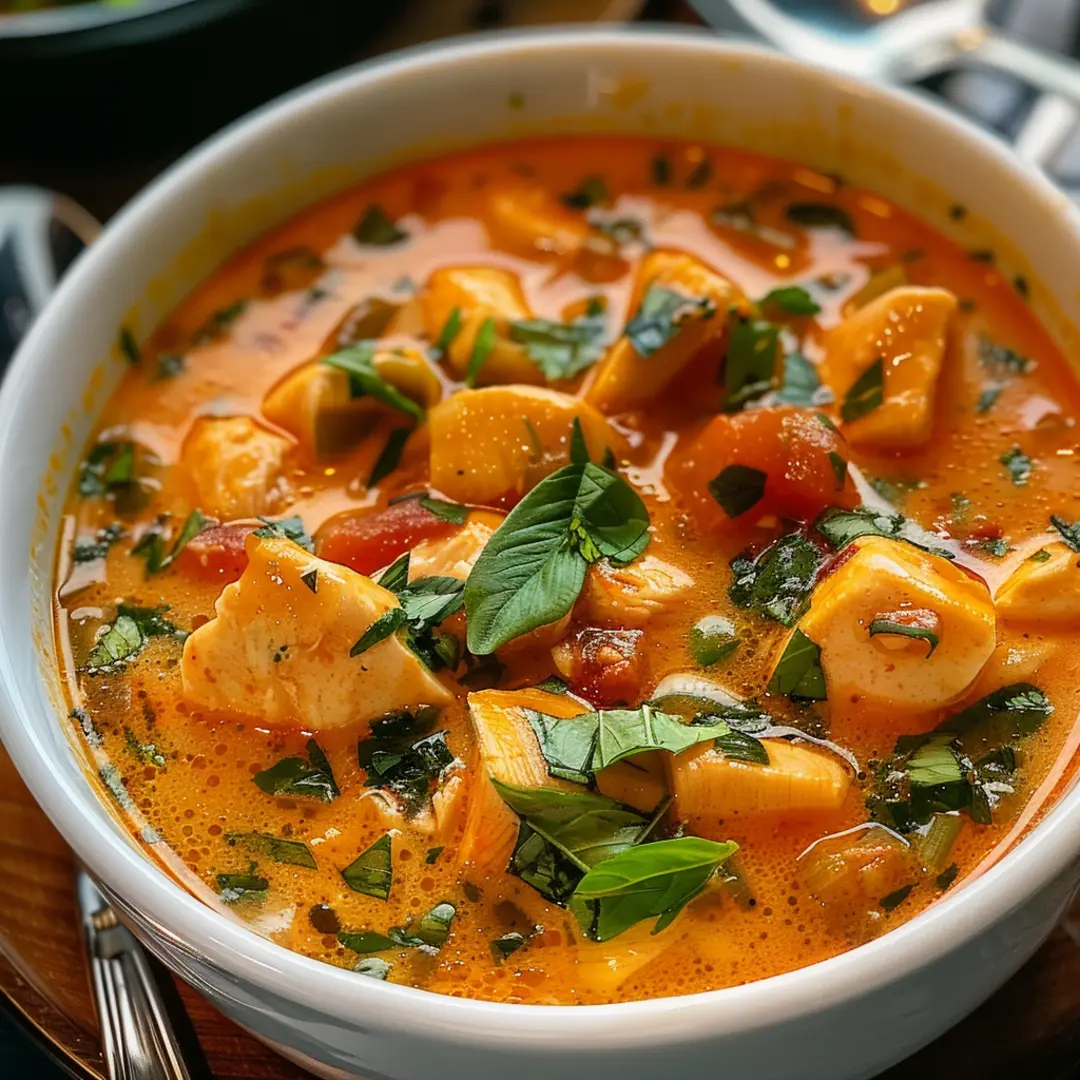Creamy Marry Me Chicken Soup in a white bowl, topped with Parmesan and fresh herbs, steam rising invitingly