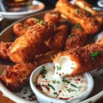Crispy Nashville Hot Mozzarella Sticks stacked on a plate, drizzled with spicy butter glaze and served with ranch dipping sauce.