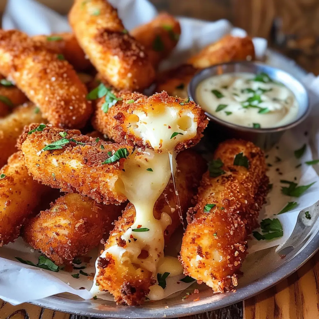 Golden-brown Nashville Hot Mozzarella Sticks, coated in fiery seasoning, with gooey melted cheese pulling apart.