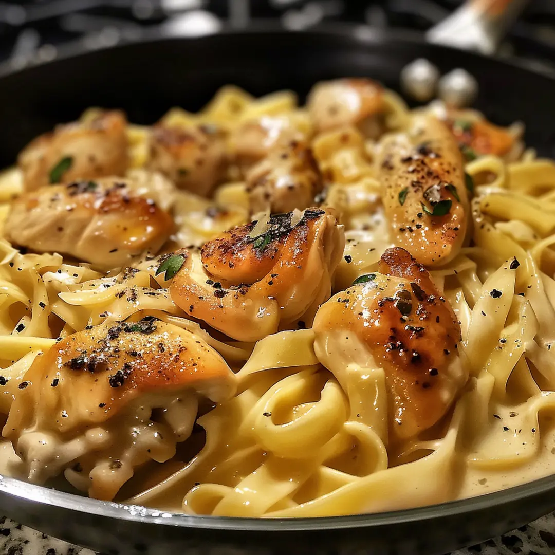 A plate of golden, juicy chicken served over buttery egg noodles, garnished with parsley.