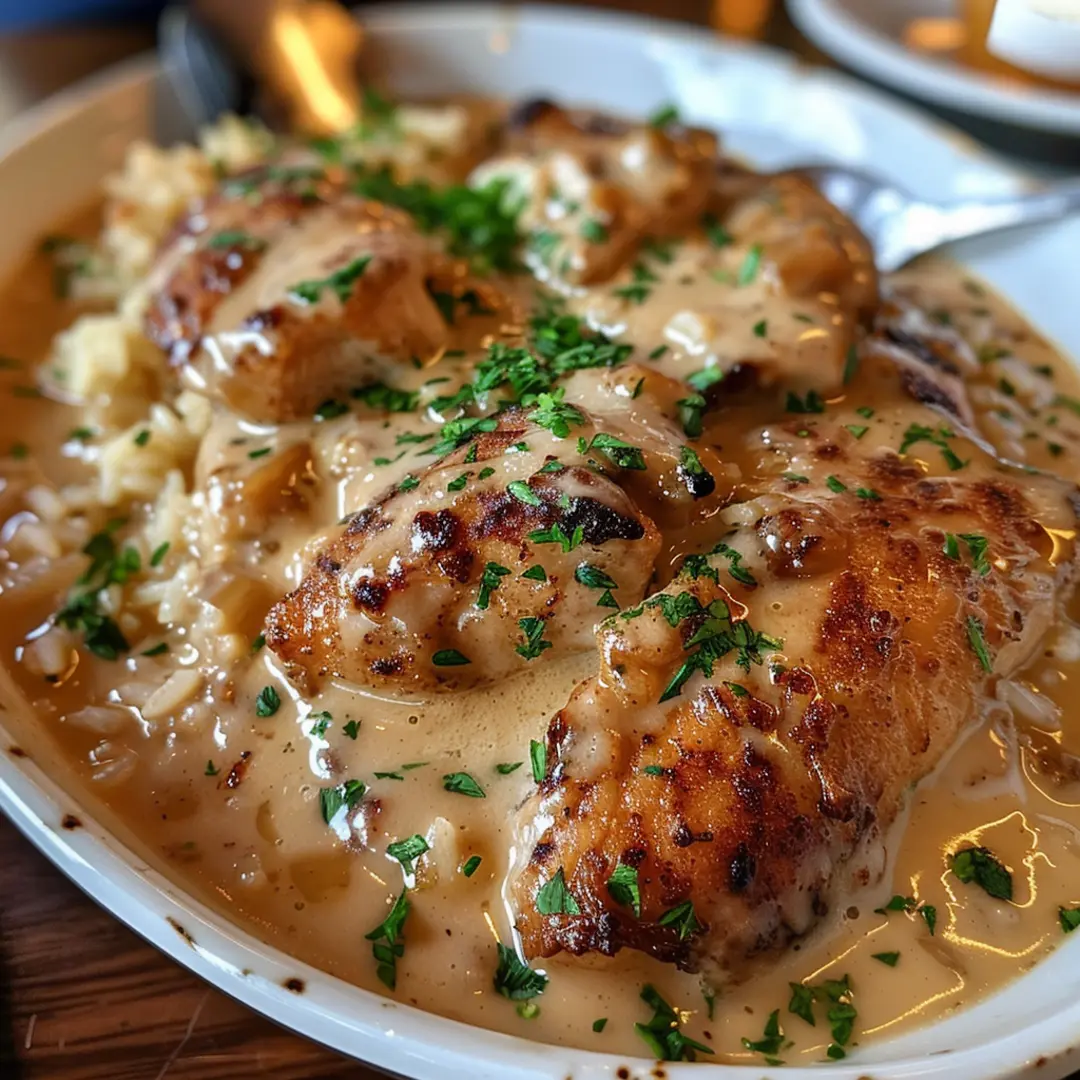 Tender Smothered Chicken served over fluffy rice, garnished with herbs.