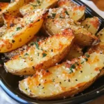 Crispy baked garlic parmesan potato wedges served on a rustic wooden plate.