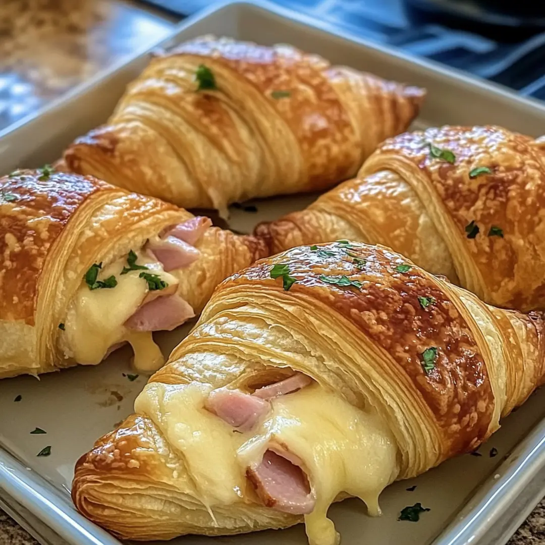 Golden Baked Ham and Cheese Croissants fresh out of the oven, oozing melted cheese.