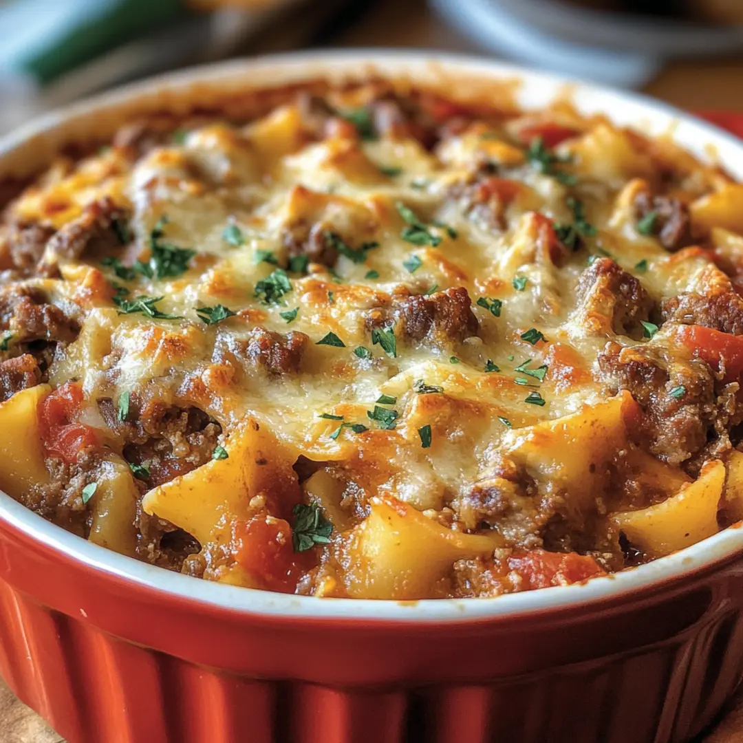 Hot and cheesy Beef Lombardi Casserole fresh from the oven in a white baking dish