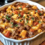 Classic Beef Lombardi Casserole topped with melted cheese and herbs