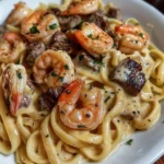 A plate of creamy Cajun shrimp and steak Alfredo pasta topped with fresh parsley.