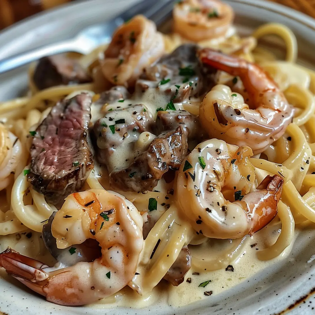 A close-up shot of Cajun shrimp and steak Alfredo pasta garnished with Parmesan cheese.