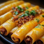 Cheesy Taco Sticks with golden crust, served on a wooden board with dipping sauce
