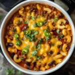 Chili Mac served in a skillet with melted cheese and fresh herbs