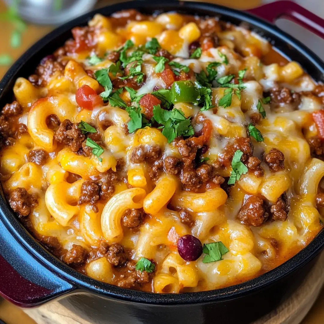 Close-up of creamy Chili Mac topped with jalapeños and sour cream
