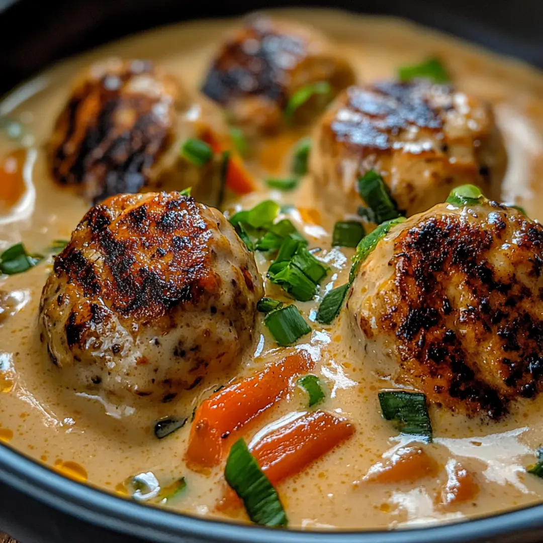 Juicy coconut chicken meatballs garnished with fresh herbs on a rustic plate.