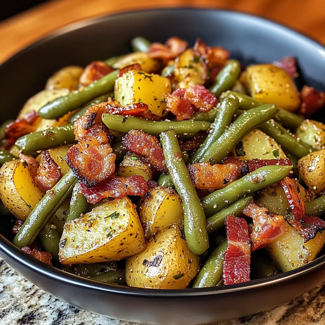 Skillet of Country Ranch Green Beans and Potatoes with Bacon, hot and savory.