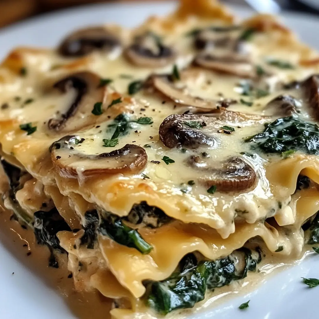 Creamy Spinach Mushroom Lasagna fresh out of the oven with golden cheese topping