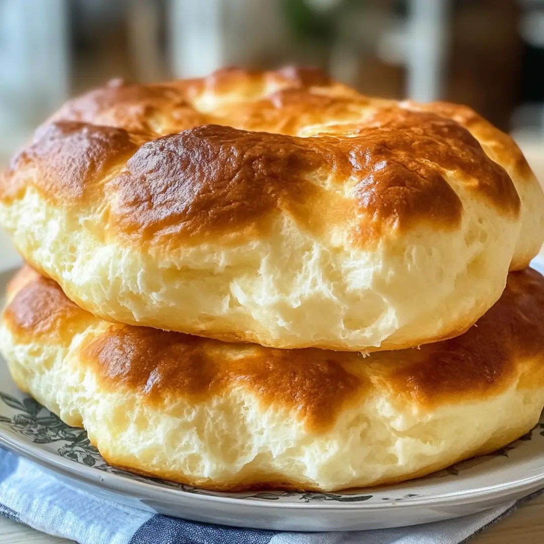 Freshly baked fluffy cottage cheese cloud bread stacked on a rustic plate.