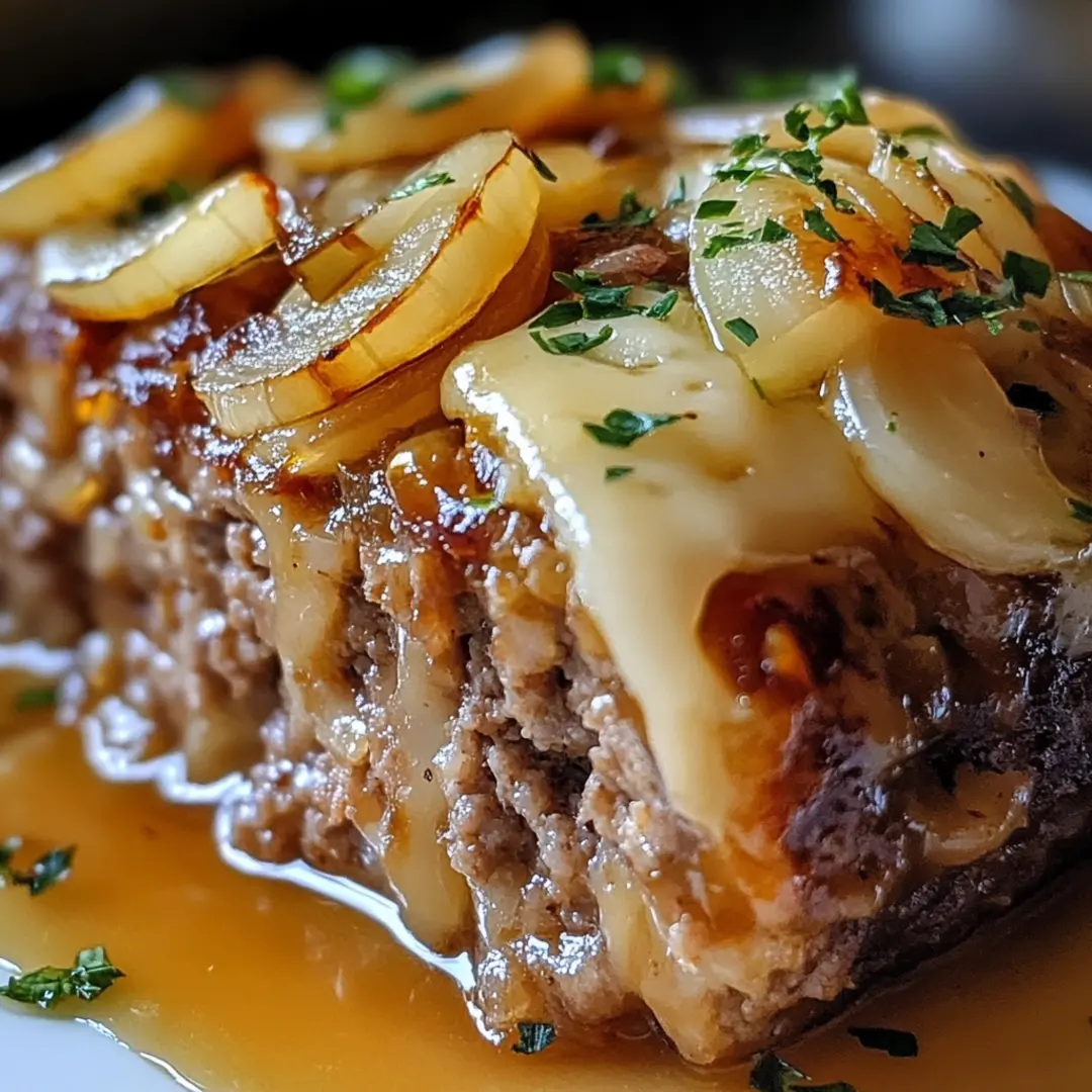 Savory French Onion Meatloaf bites served on a rustic wooden board with fresh herbs.