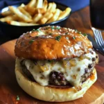 Gourmet-style French Onion Soup Burger on a toasted bun with savory toppings.