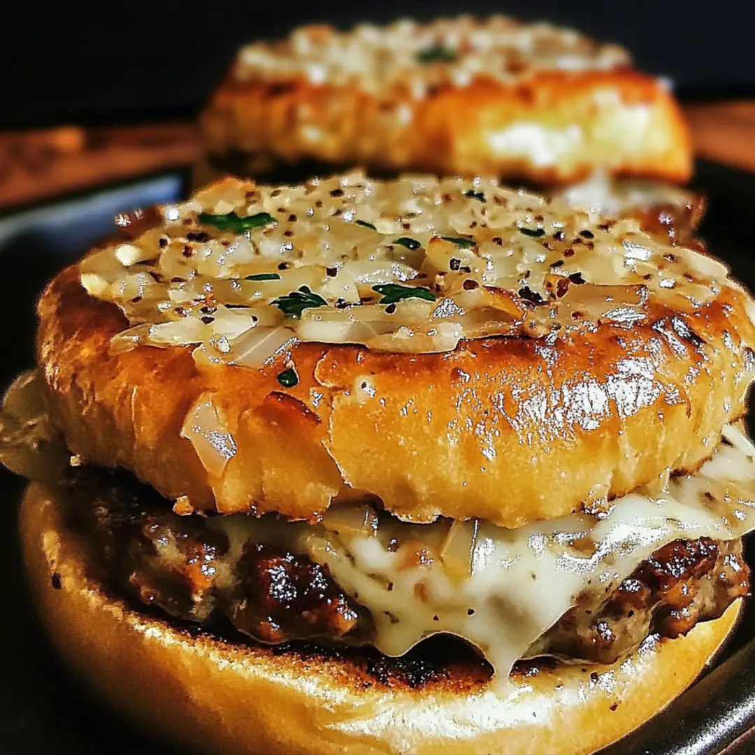 Juicy French Onion Soup Burger topped with caramelized onions and melted cheese.