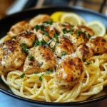 Skillet of Garlic Butter Chicken with Lemon Parmesan Pasta, ready to serve