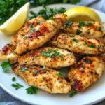 Freshly baked Greek Chicken Tenders garnished with herbs and served with dipping sauce.