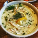 Bowl of Greek Lemon Chicken Soup with tender chicken, rice, and a creamy lemon broth.