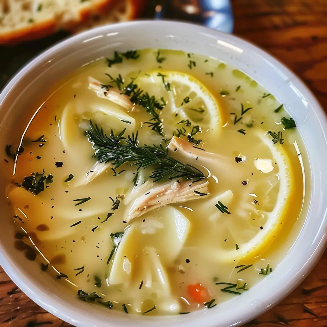 Close-up of Greek Lemon Chicken Soup with fresh herbs and a slice of lemon.