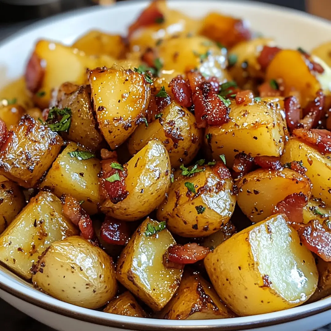 Golden roasted potatoes with honey glaze and crispy bacon on a baking tray