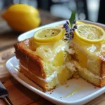 A slice of moist lemon cake topped with lemon glaze and zest.