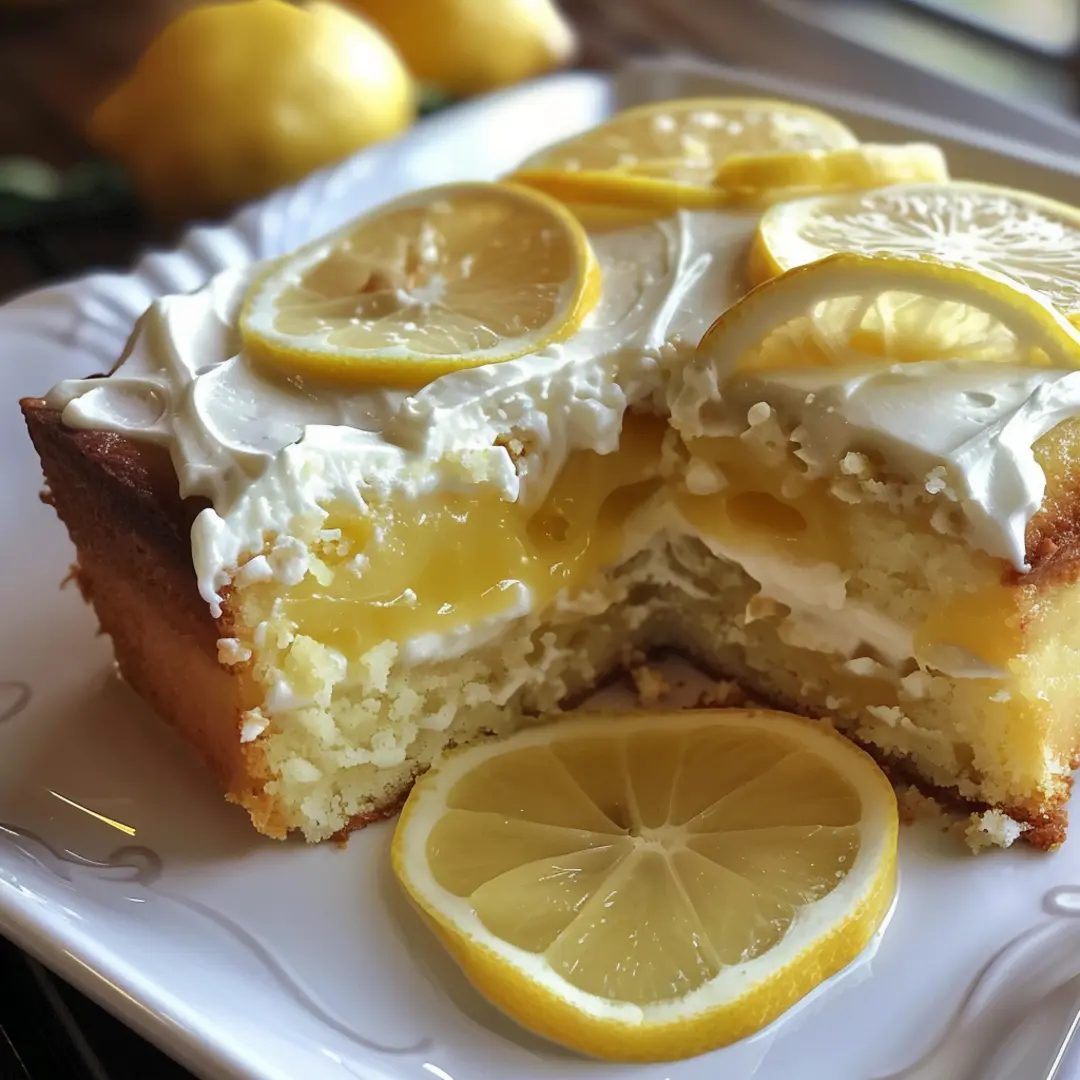 A whole lemon cake with a smooth lemon glaze and decorative lemon slices.