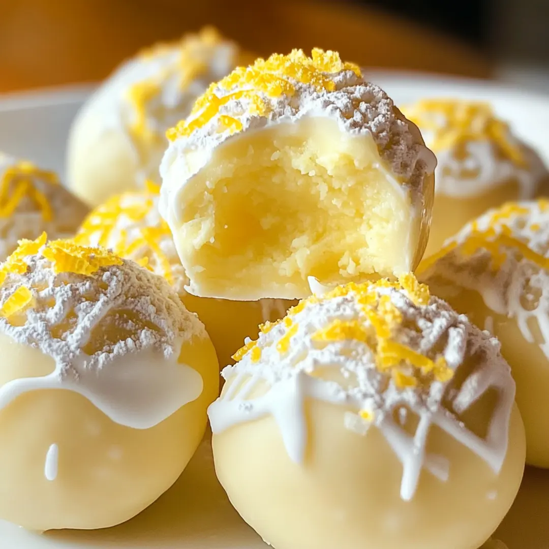 Lemon Truffles coated in powdered sugar and arranged on a serving tray