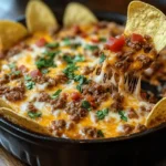 Hot, cheesy Meaty Texas Trash Dip in a skillet with melted cheese and ground beef.