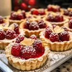 Mini Raspberry Almond Tarts with golden crusts, fresh raspberries, and slivered almonds.
