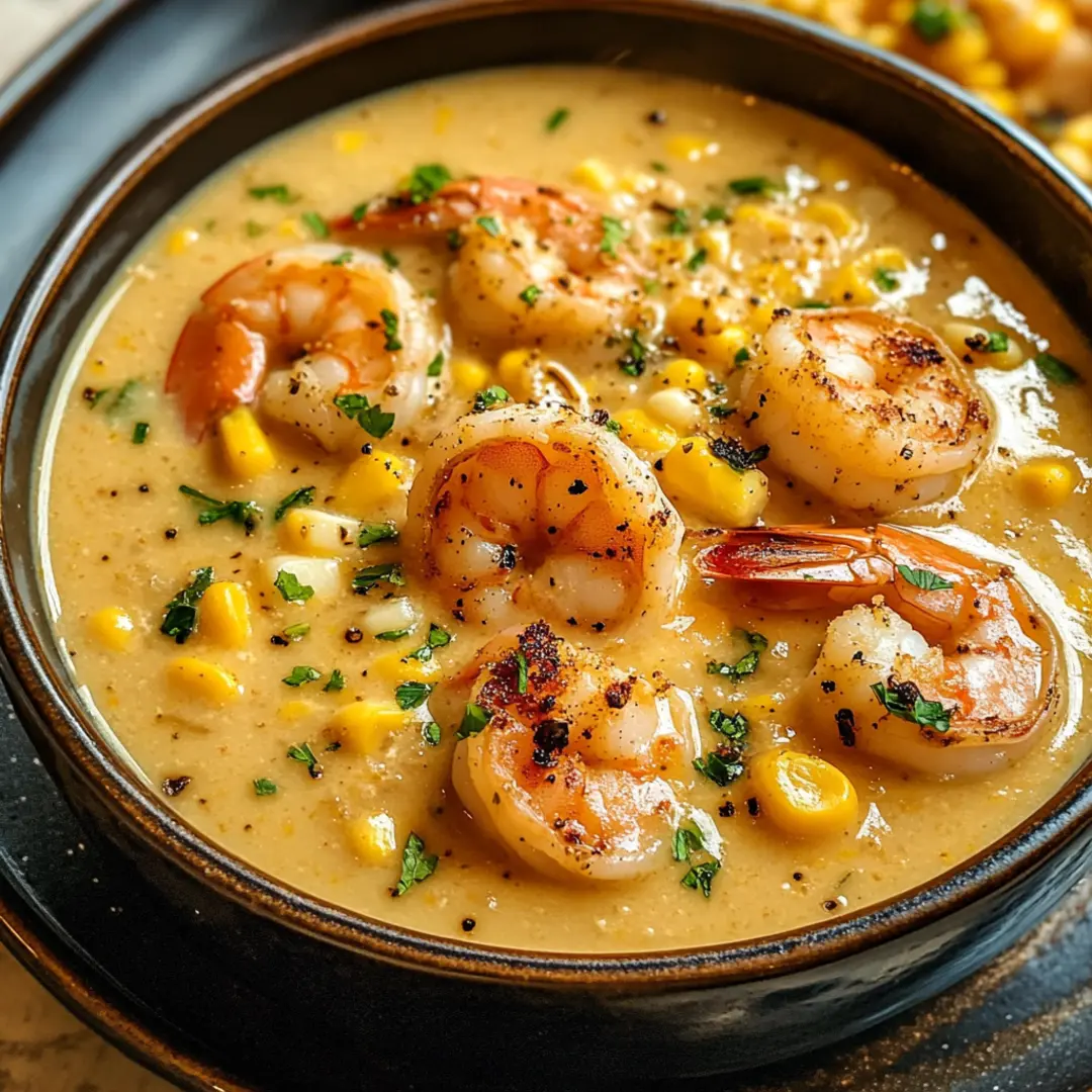 Steaming New Orleans Shrimp and Corn Bisque with tender shrimp and sweet corn