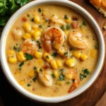 Steaming New Orleans Shrimp and Corn Bisque with tender shrimp and sweet corn