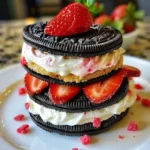 Delicious Oreo Strawberry dessert topped with fresh strawberries and crushed Oreos.