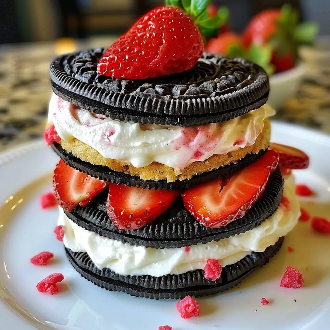 Close-up of Oreo Strawberry dessert served in individual cups with whipped cream and strawberries.
