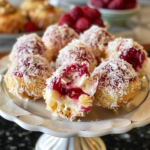 Raspberry Cream Cheese Bites topped with fresh raspberries on a white plate.