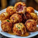 Close-up of crunchy Reuben Balls showing savory, cheesy filling inside.
