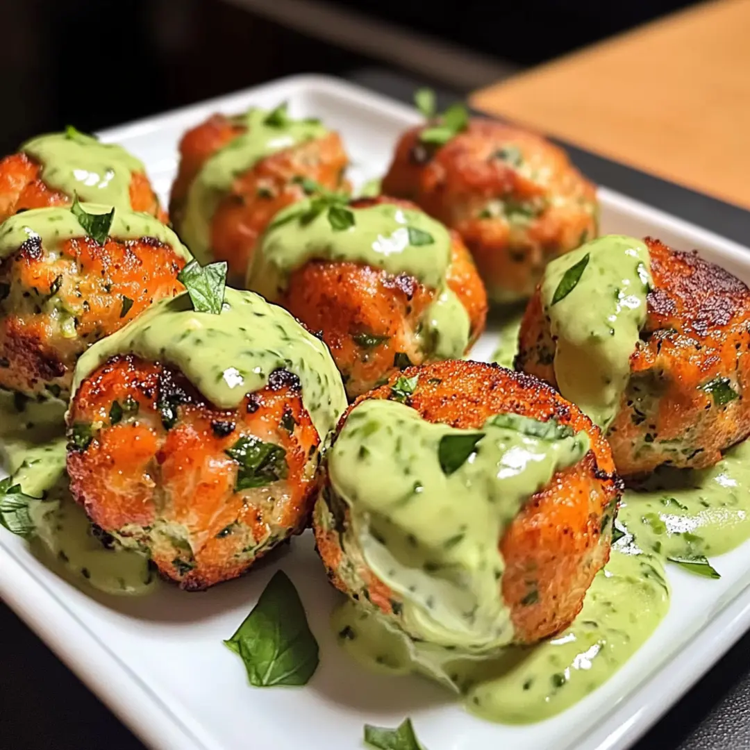 Crispy golden salmon balls served with dipping sauce on a white plate.