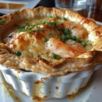 Golden, flaky seafood pot pie fresh out of the oven.