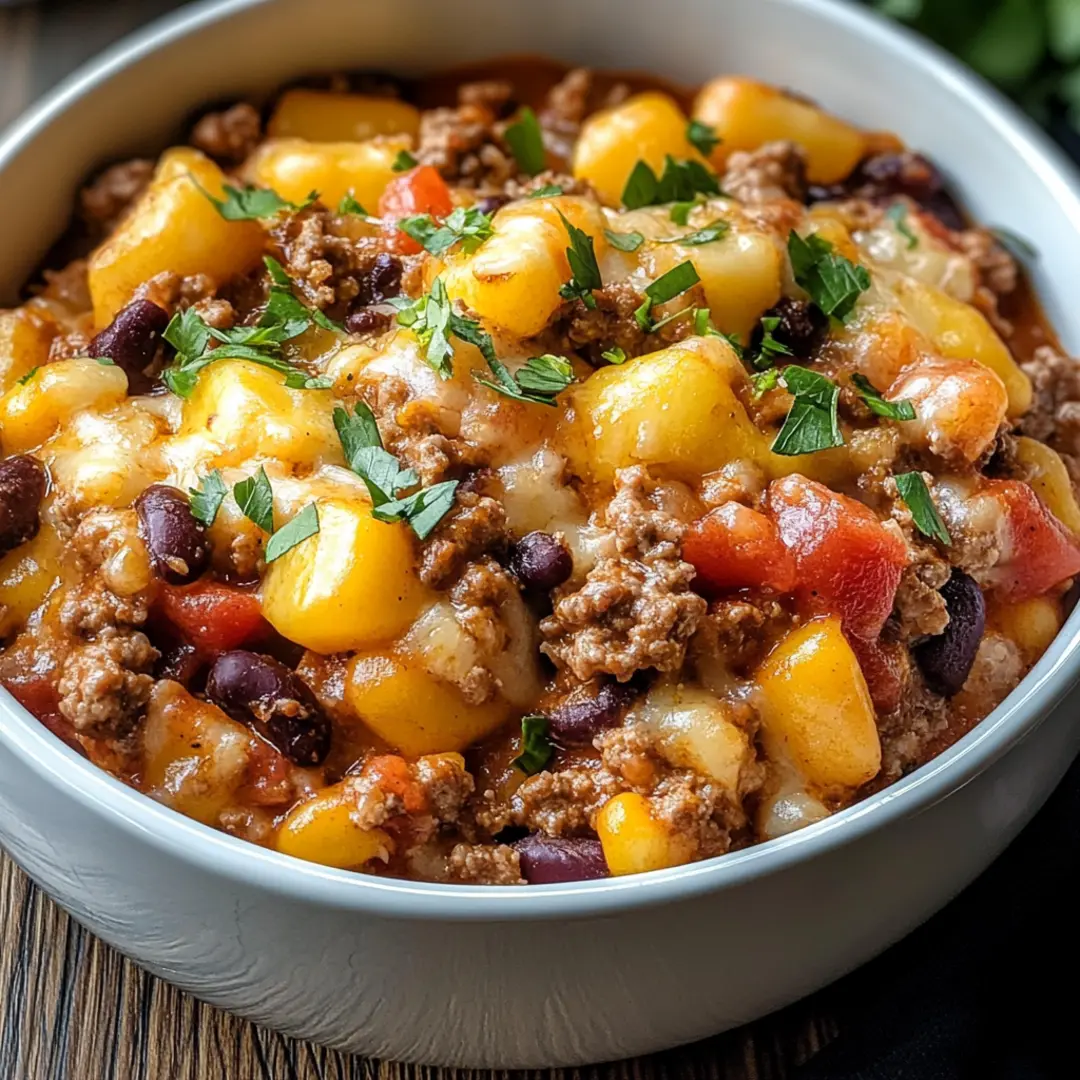 Slow Cooker Cowboy Casserole served in a rustic bowl with melted cheese on top
